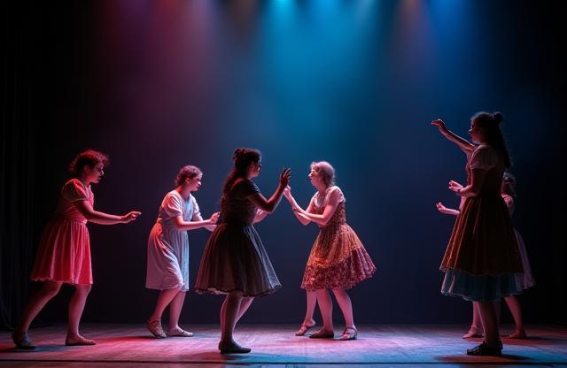Alunos atores interpretando uma cena de Sonho de uma Noite de Verão